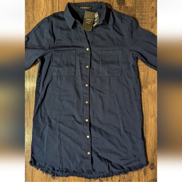 NEW Zilcremo Womens Navy SHIRT DRESS Lrg Solid Blue Collared Button Long Sleeve - Picture 6 of 15